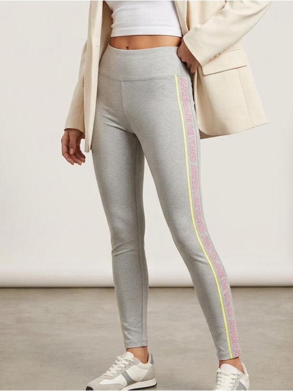 Athletic Works Gray Leggings with Pink & Yellow Side Stripe